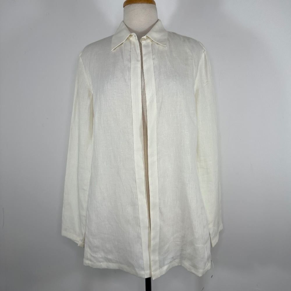 NWT Lafayette 148 New York Cream Long Sleeve Open Front Linen Tunic Shirt Sz 10